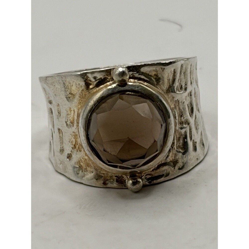 Vintage Sterling Silver Signed 925 China Round Smoky Quartz Stone Hammered Ring